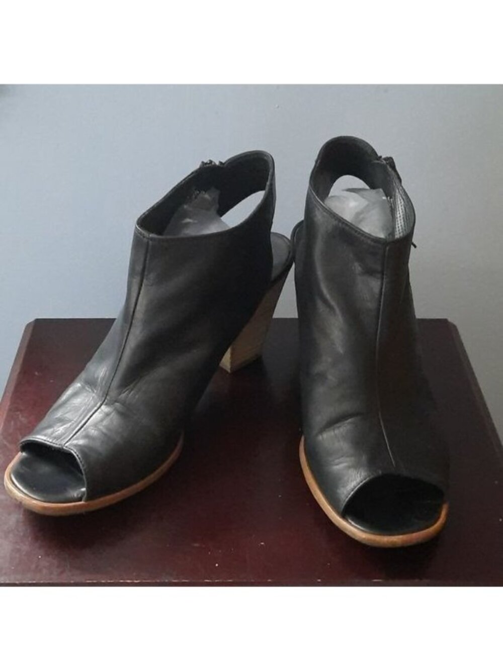Paul Green Chunky Heel Black Leather Slingback Peep Toe Ankle Bootie Size 6.5